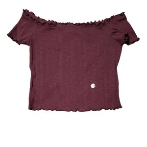 Aeropostale Burgundy Ribbed Lettuce Trim  Off The Shoulder Crop Top